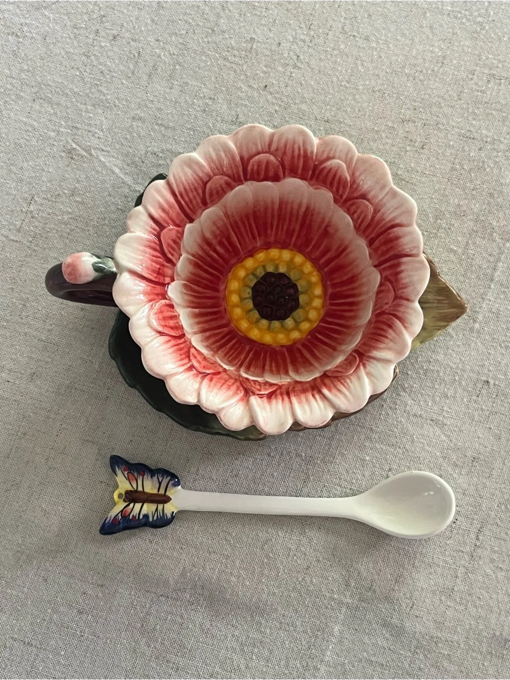 Whimsical Flower Ceramic Tea Cup and Saucer Set with Butterfly Spoon - Picture 4 of 5